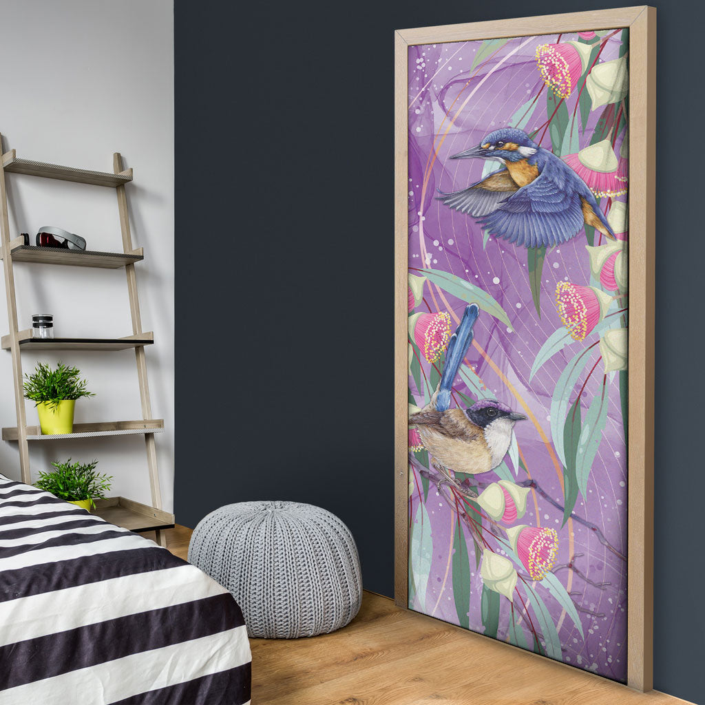 Australia Epilepsy Month Door Cover Purple Fairy Wren with Eucalyptus Flowers