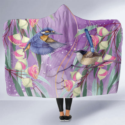 Australia Epilepsy Month Hooded Blanket Purple Fairy Wren with Eucalyptus Flowers
