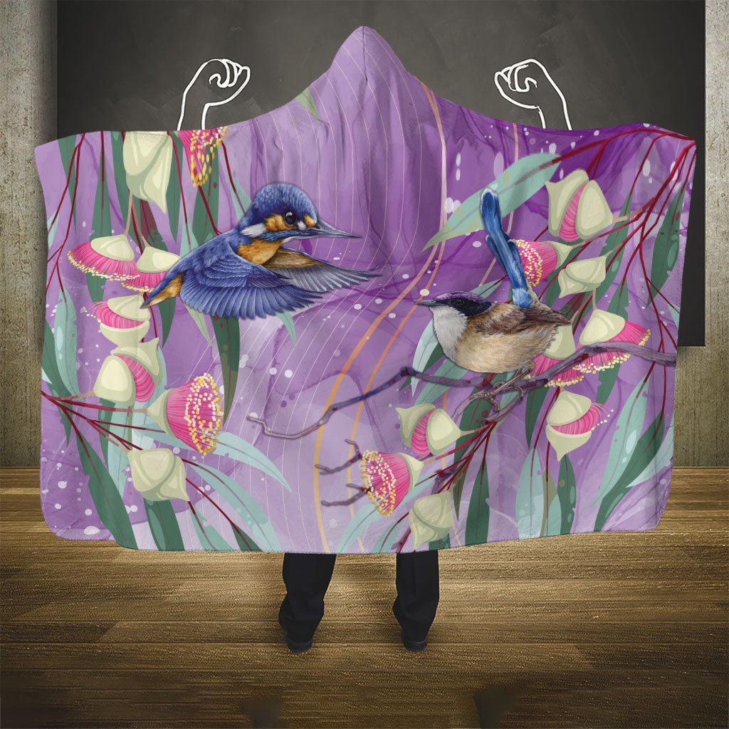 Australia Epilepsy Month Hooded Blanket Purple Fairy Wren with Eucalyptus Flowers