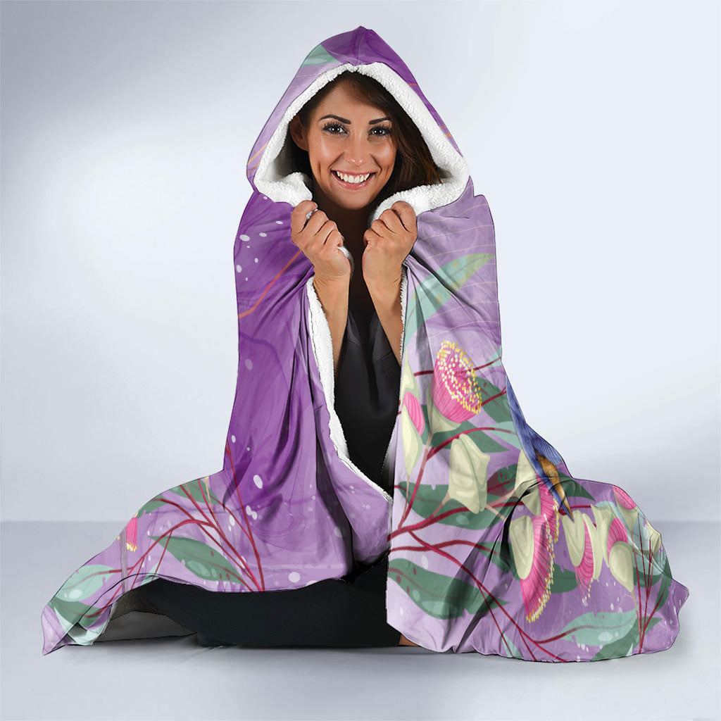 Australia Epilepsy Month Hooded Blanket Purple Fairy Wren with Eucalyptus Flowers