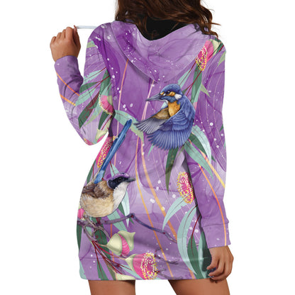 Australia Epilepsy Month Hoodie Dress Purple Fairy Wren with Eucalyptus Flowers