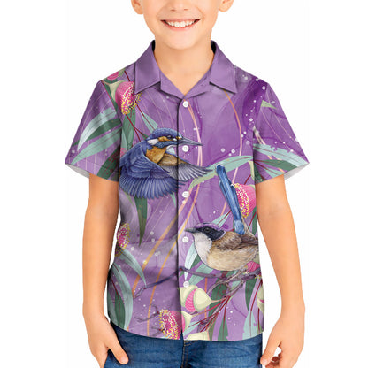 Australia Epilepsy Month Kid Hawaiian Shirt Purple Fairy Wren with Eucalyptus Flowers