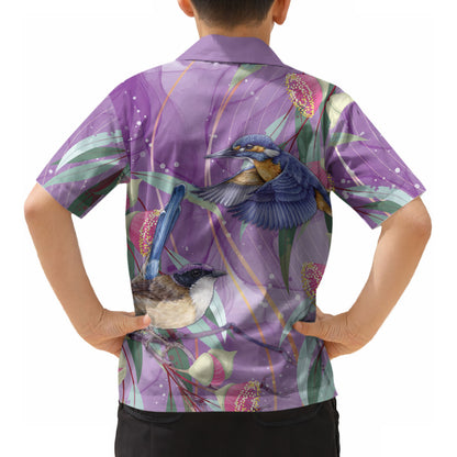 Australia Epilepsy Month Kid Hawaiian Shirt Purple Fairy Wren with Eucalyptus Flowers