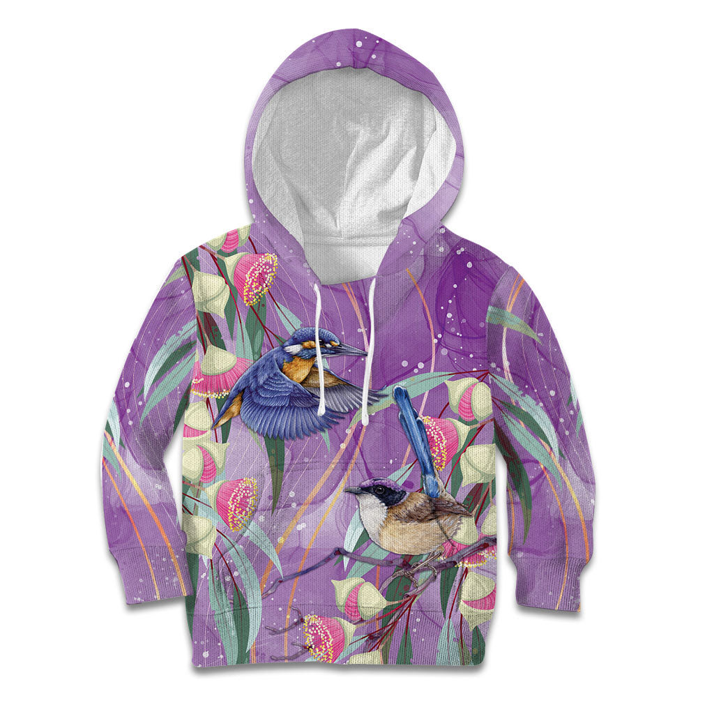 Australia Epilepsy Month Kid Hoodie Purple Fairy Wren with Eucalyptus Flowers