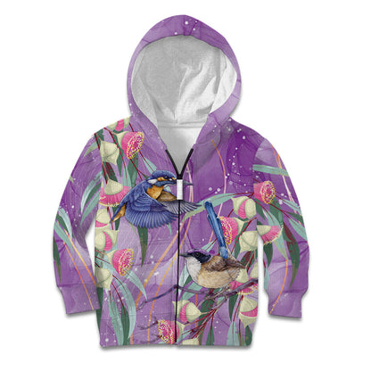 Australia Epilepsy Month Kid Hoodie Purple Fairy Wren with Eucalyptus Flowers