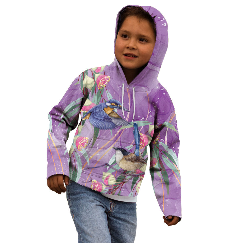 Australia Epilepsy Month Kid Hoodie Purple Fairy Wren with Eucalyptus Flowers