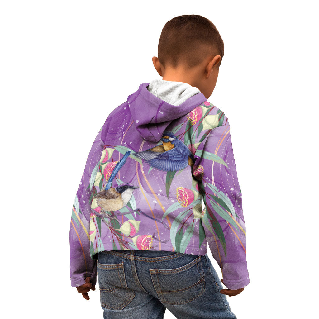 Australia Epilepsy Month Kid Hoodie Purple Fairy Wren with Eucalyptus Flowers
