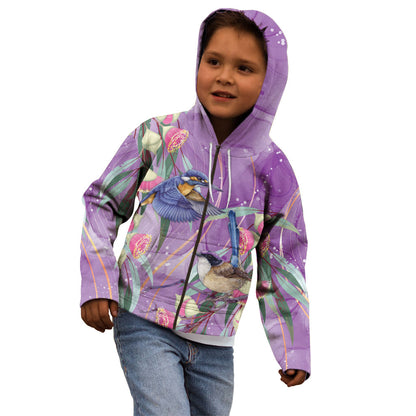 Australia Epilepsy Month Kid Hoodie Purple Fairy Wren with Eucalyptus Flowers