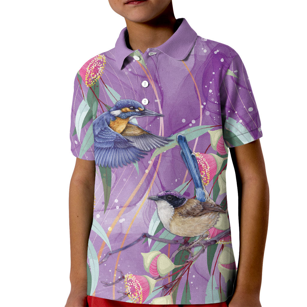 Australia Epilepsy Month Kid Polo Shirt Purple Fairy Wren with Eucalyptus Flowers