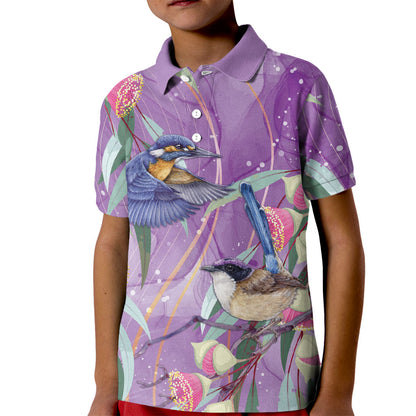 Australia Epilepsy Month Kid Polo Shirt Purple Fairy Wren with Eucalyptus Flowers