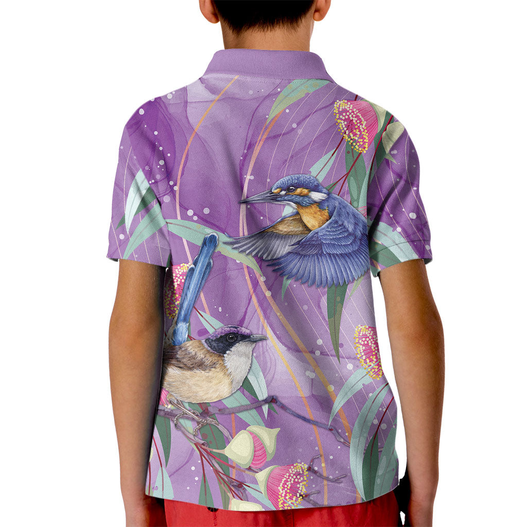 Australia Epilepsy Month Kid Polo Shirt Purple Fairy Wren with Eucalyptus Flowers