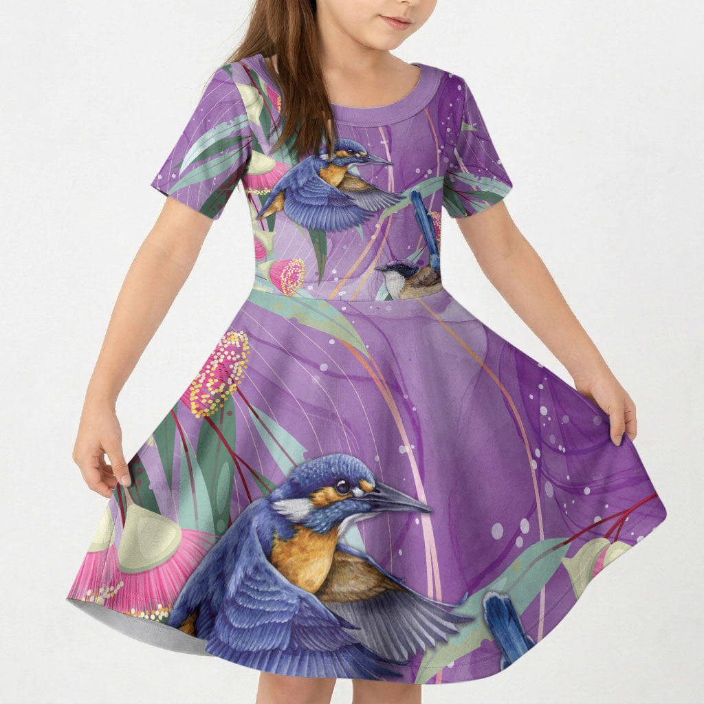 Australia Epilepsy Month Kid Short Sleeve Dress Purple Fairy Wren with Eucalyptus Flowers