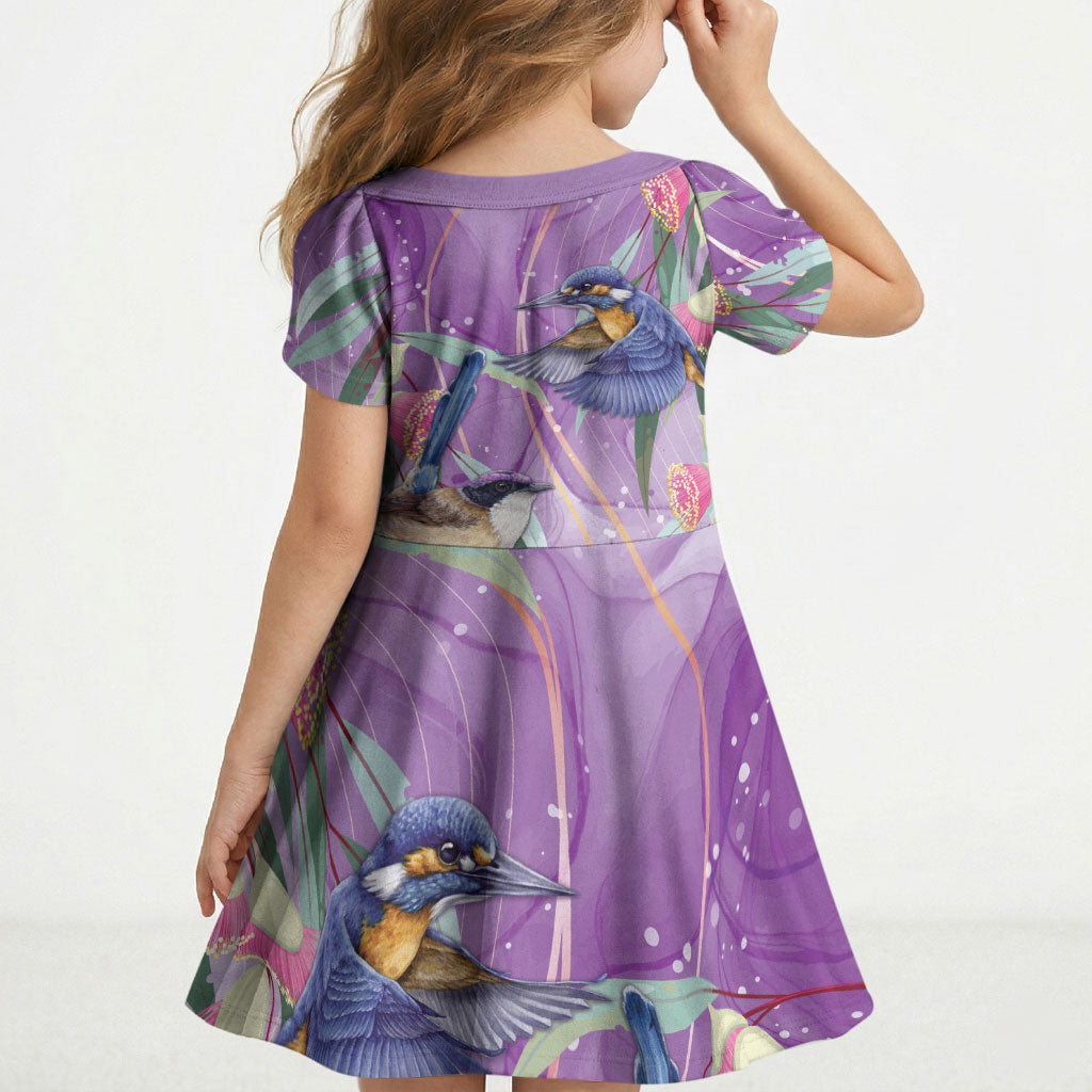 Australia Epilepsy Month Kid Short Sleeve Dress Purple Fairy Wren with Eucalyptus Flowers