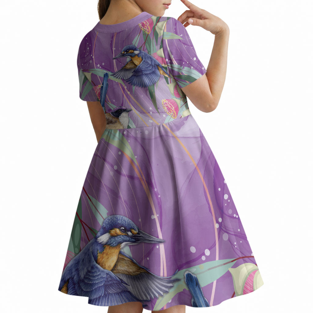 Australia Epilepsy Month Kid Short Sleeve Dress Purple Fairy Wren with Eucalyptus Flowers