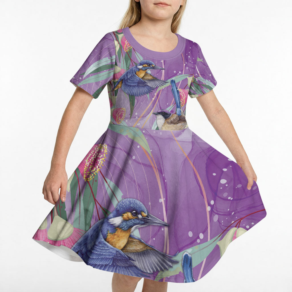 Australia Epilepsy Month Kid Short Sleeve Dress Purple Fairy Wren with Eucalyptus Flowers