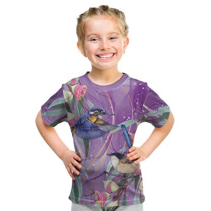 Australia Epilepsy Month Kid T Shirt Purple Fairy Wren with Eucalyptus Flowers