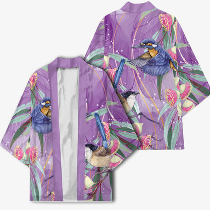 Australia Epilepsy Month Kimono Purple Fairy Wren with Eucalyptus Flowers