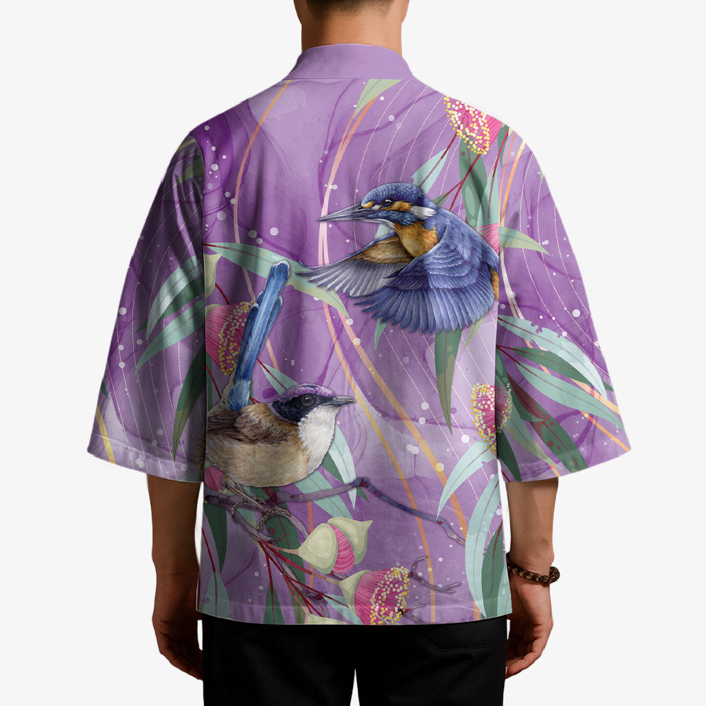 Australia Epilepsy Month Kimono Purple Fairy Wren with Eucalyptus Flowers