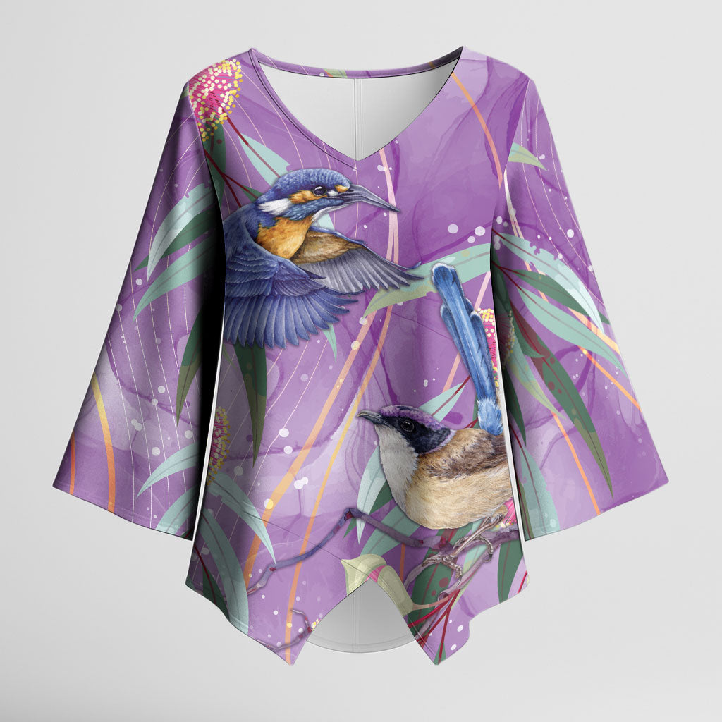Australia Epilepsy Month Kimono Sleeve Blouse Purple Fairy Wren with Eucalyptus Flowers