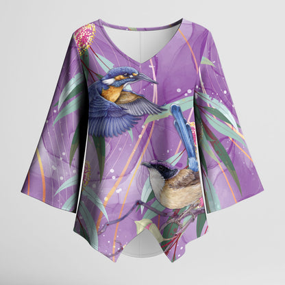 Australia Epilepsy Month Kimono Sleeve Blouse Purple Fairy Wren with Eucalyptus Flowers