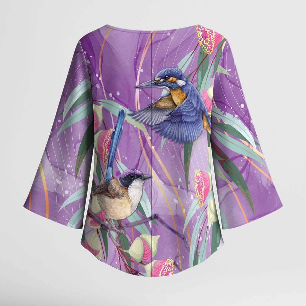 Australia Epilepsy Month Kimono Sleeve Blouse Purple Fairy Wren with Eucalyptus Flowers