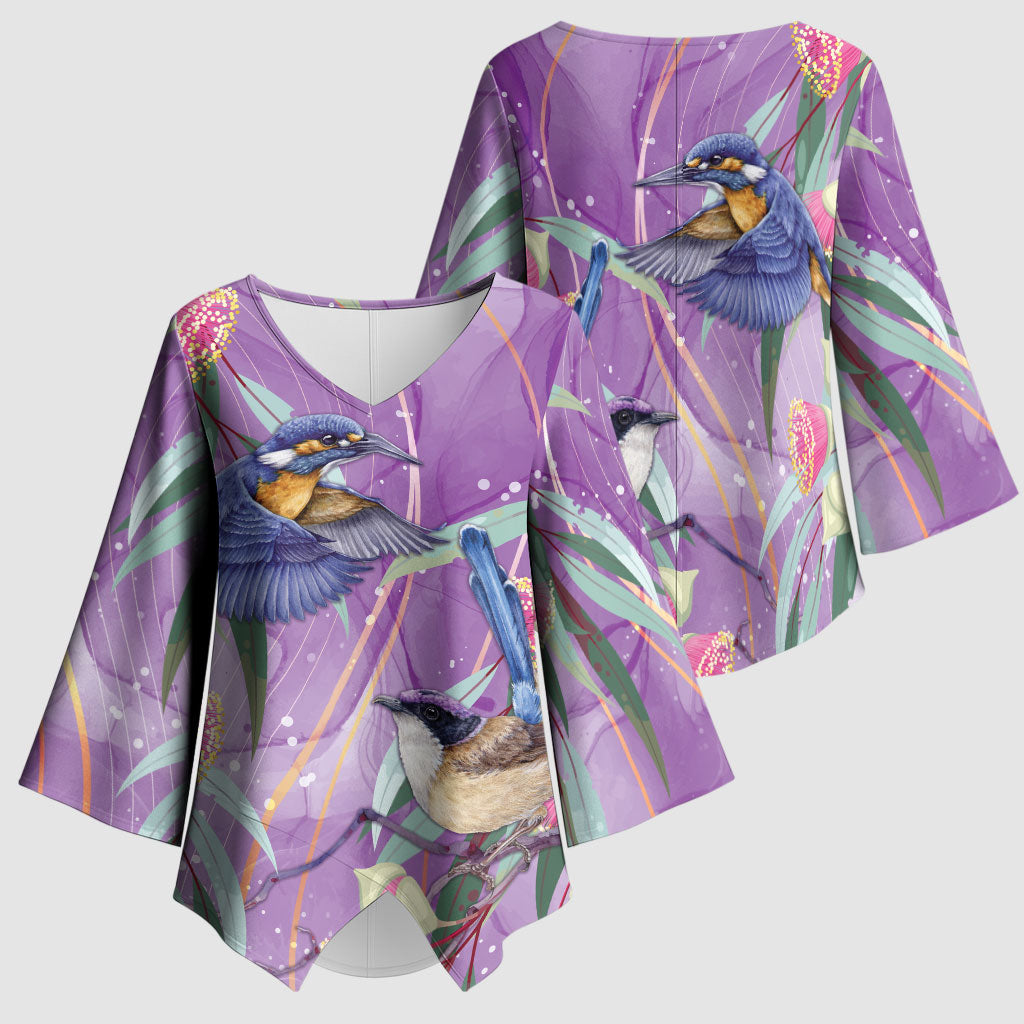 Australia Epilepsy Month Kimono Sleeve Blouse Purple Fairy Wren with Eucalyptus Flowers