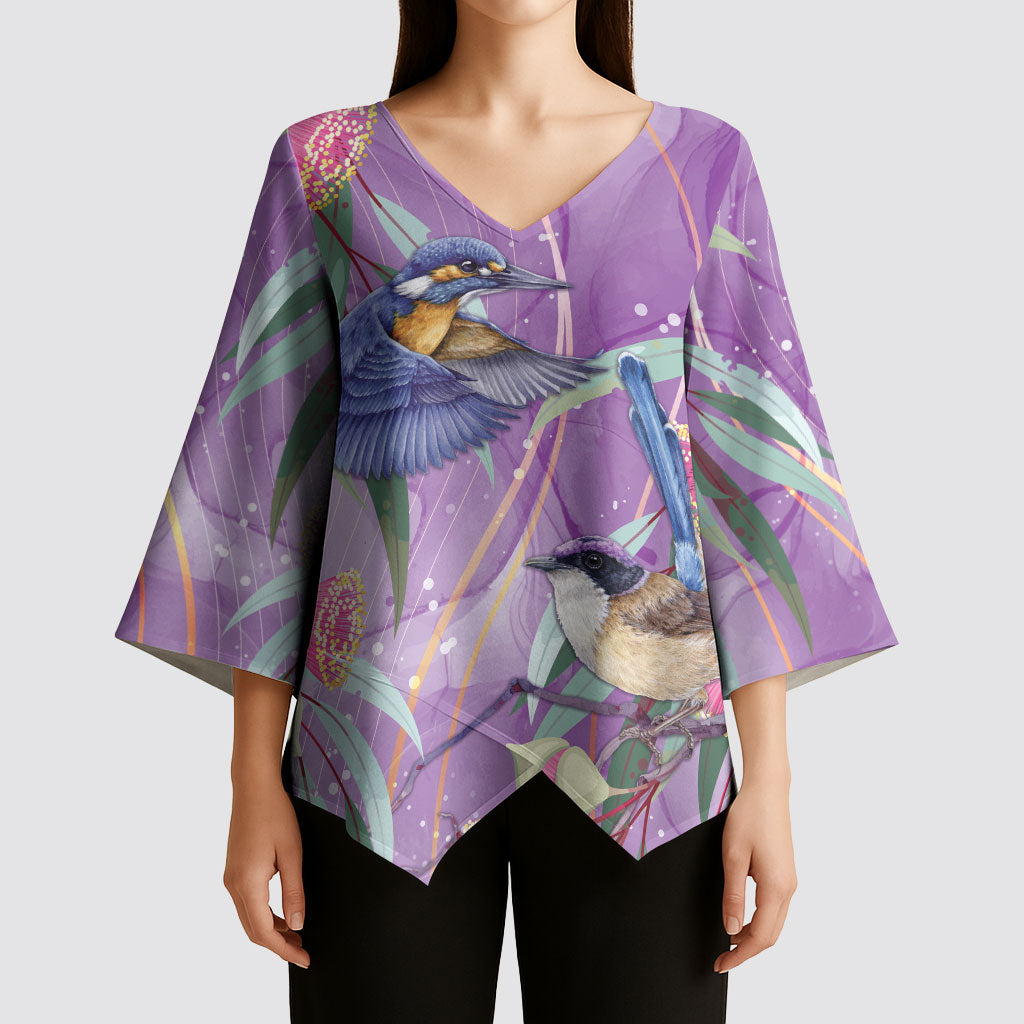 Australia Epilepsy Month Kimono Sleeve Blouse Purple Fairy Wren with Eucalyptus Flowers