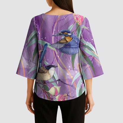 Australia Epilepsy Month Kimono Sleeve Blouse Purple Fairy Wren with Eucalyptus Flowers