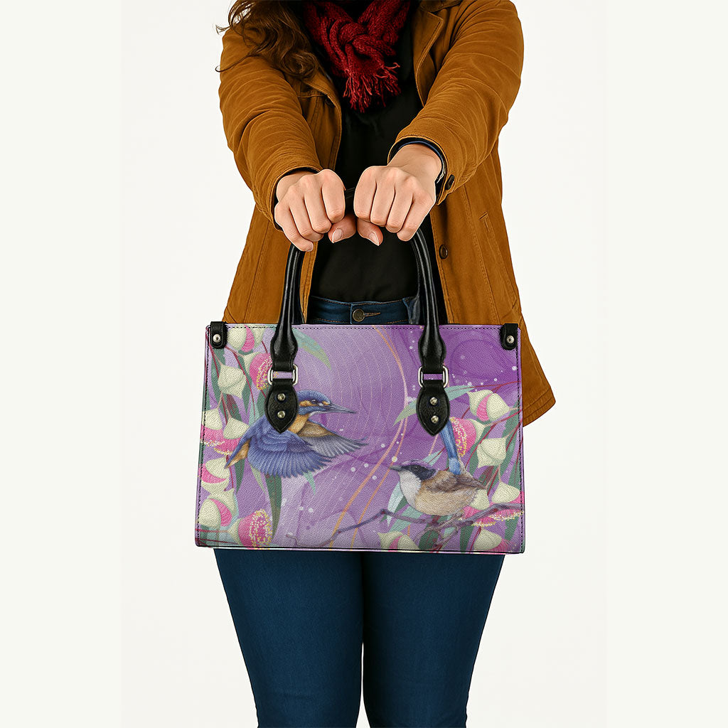 Australia Epilepsy Month Leather Bag Purple Fairy Wren with Eucalyptus Flowers