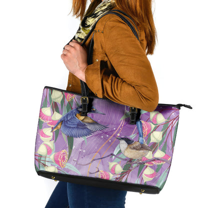 Australia Epilepsy Month Leather Tote Bag Purple Fairy Wren with Eucalyptus Flowers