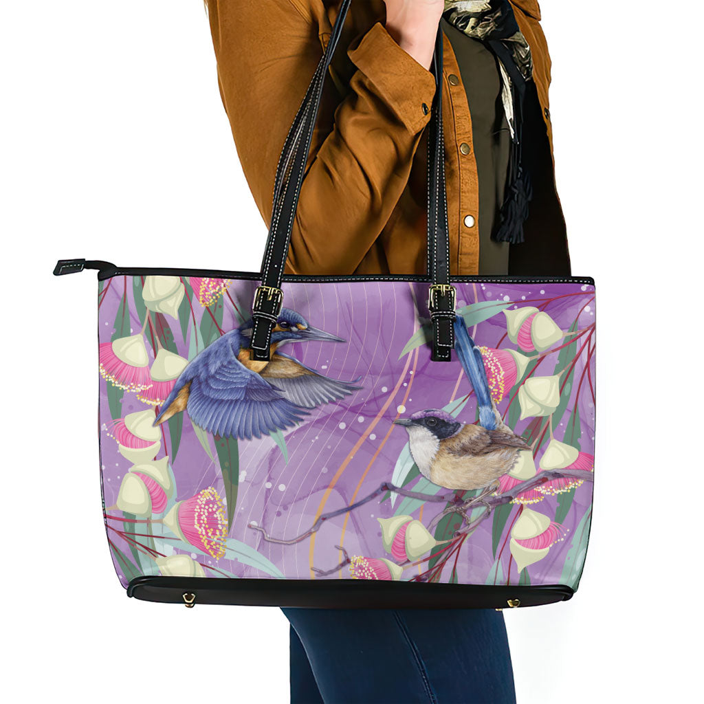 Australia Epilepsy Month Leather Tote Bag Purple Fairy Wren with Eucalyptus Flowers