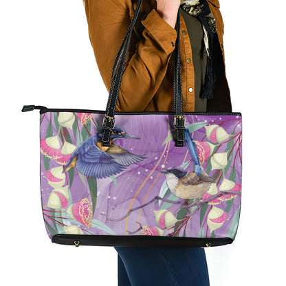 Australia Epilepsy Month Leather Tote Bag Purple Fairy Wren with Eucalyptus Flowers