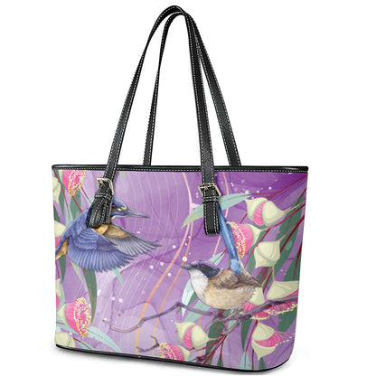Australia Epilepsy Month Leather Tote Bag Purple Fairy Wren with Eucalyptus Flowers