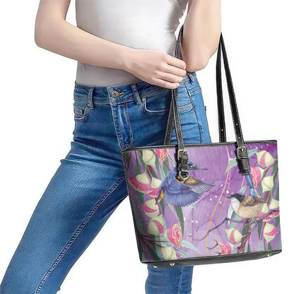 Australia Epilepsy Month Leather Tote Bag Purple Fairy Wren with Eucalyptus Flowers