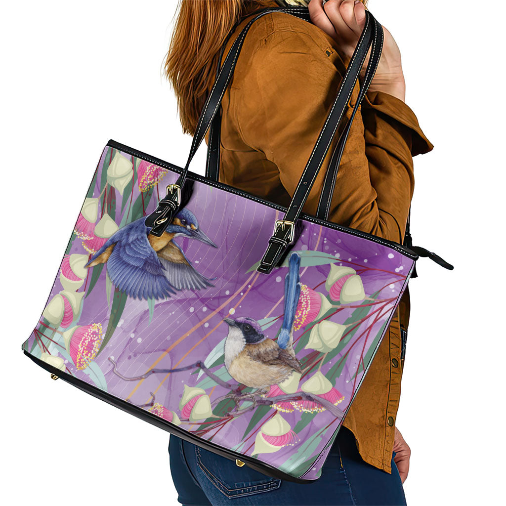 Australia Epilepsy Month Leather Tote Bag Purple Fairy Wren with Eucalyptus Flowers