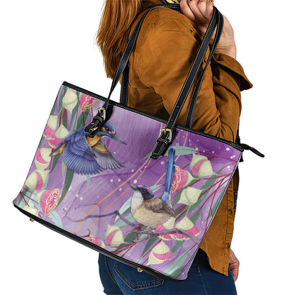 Australia Epilepsy Month Leather Tote Bag Purple Fairy Wren with Eucalyptus Flowers