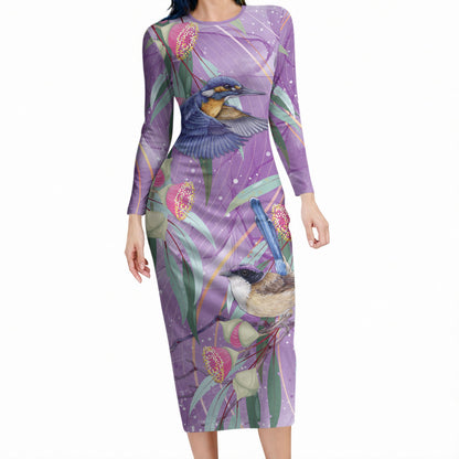 Australia Epilepsy Month Long Sleeve Bodycon Dress Purple Fairy Wren with Eucalyptus Flowers