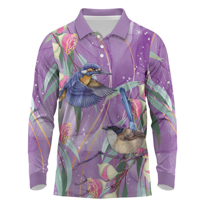 Australia Epilepsy Month Long Sleeve Polo Shirt Purple Fairy Wren with Eucalyptus Flowers