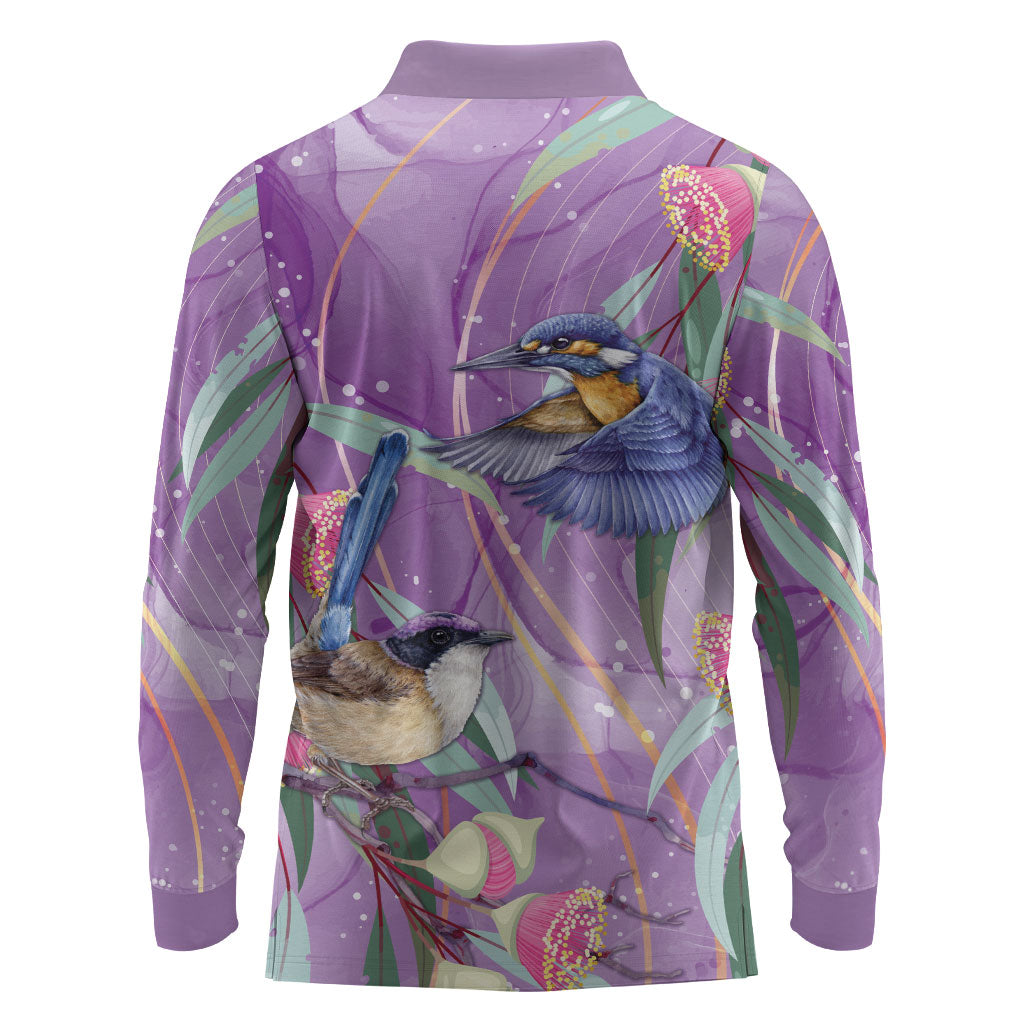 Australia Epilepsy Month Long Sleeve Polo Shirt Purple Fairy Wren with Eucalyptus Flowers