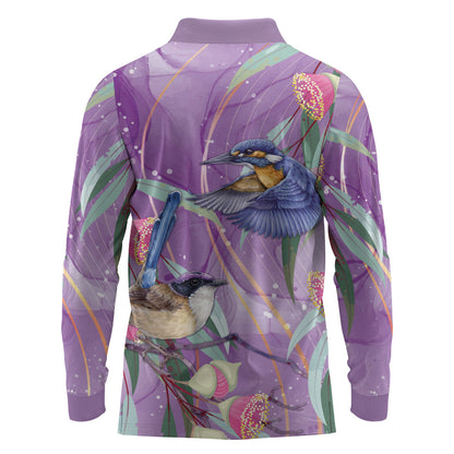Australia Epilepsy Month Long Sleeve Polo Shirt Purple Fairy Wren with Eucalyptus Flowers