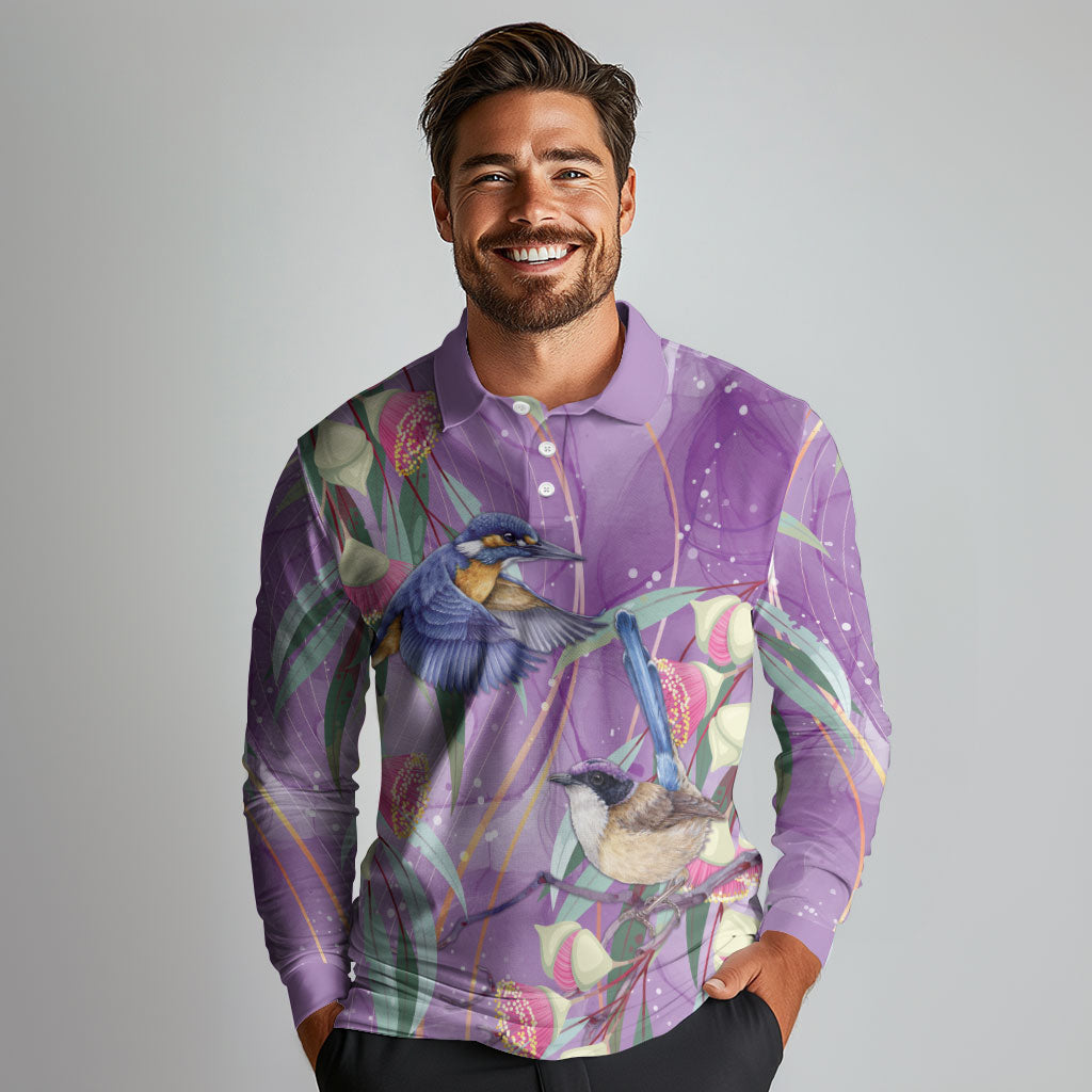 Australia Epilepsy Month Long Sleeve Polo Shirt Purple Fairy Wren with Eucalyptus Flowers
