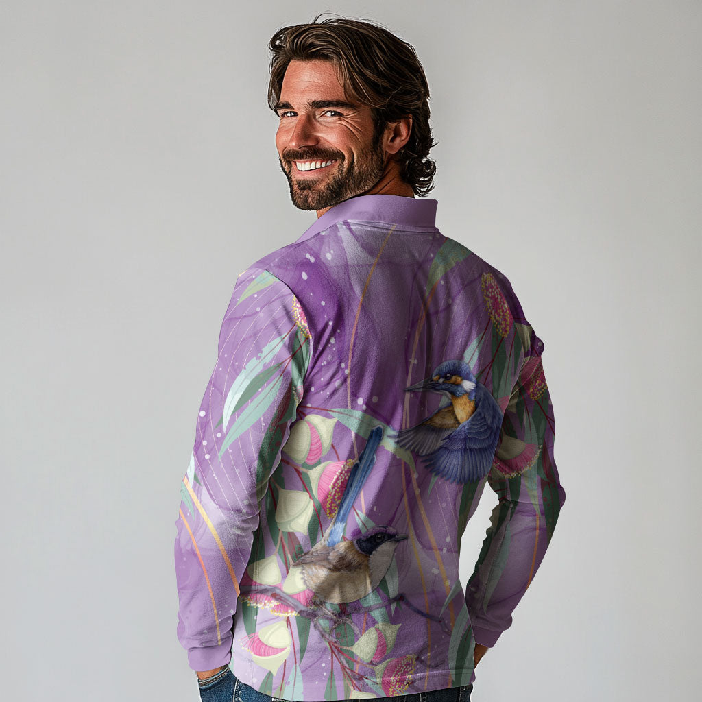Australia Epilepsy Month Long Sleeve Polo Shirt Purple Fairy Wren with Eucalyptus Flowers