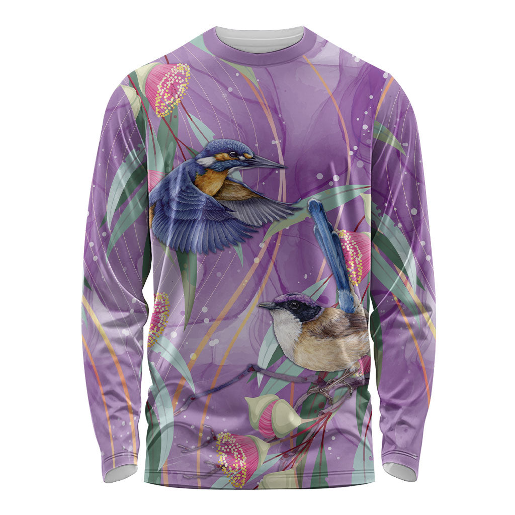 Australia Epilepsy Month Long Sleeve Shirt Purple Fairy Wren with Eucalyptus Flowers