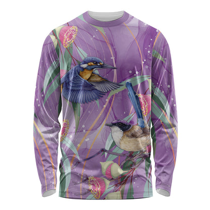 Australia Epilepsy Month Long Sleeve Shirt Purple Fairy Wren with Eucalyptus Flowers