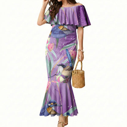 Australia Epilepsy Month Mermaid Dress Purple Fairy Wren with Eucalyptus Flowers