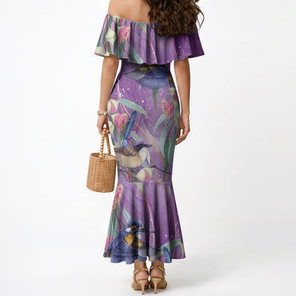 Australia Epilepsy Month Mermaid Dress Purple Fairy Wren with Eucalyptus Flowers