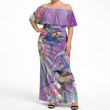 Australia Epilepsy Month Off Shoulder Maxi Dress Purple Fairy Wren with Eucalyptus Flowers