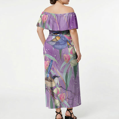 Australia Epilepsy Month Off Shoulder Maxi Dress Purple Fairy Wren with Eucalyptus Flowers