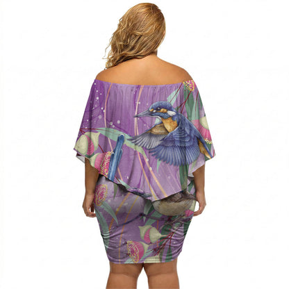 Australia Epilepsy Month Off Shoulder Short Dress Purple Fairy Wren with Eucalyptus Flowers