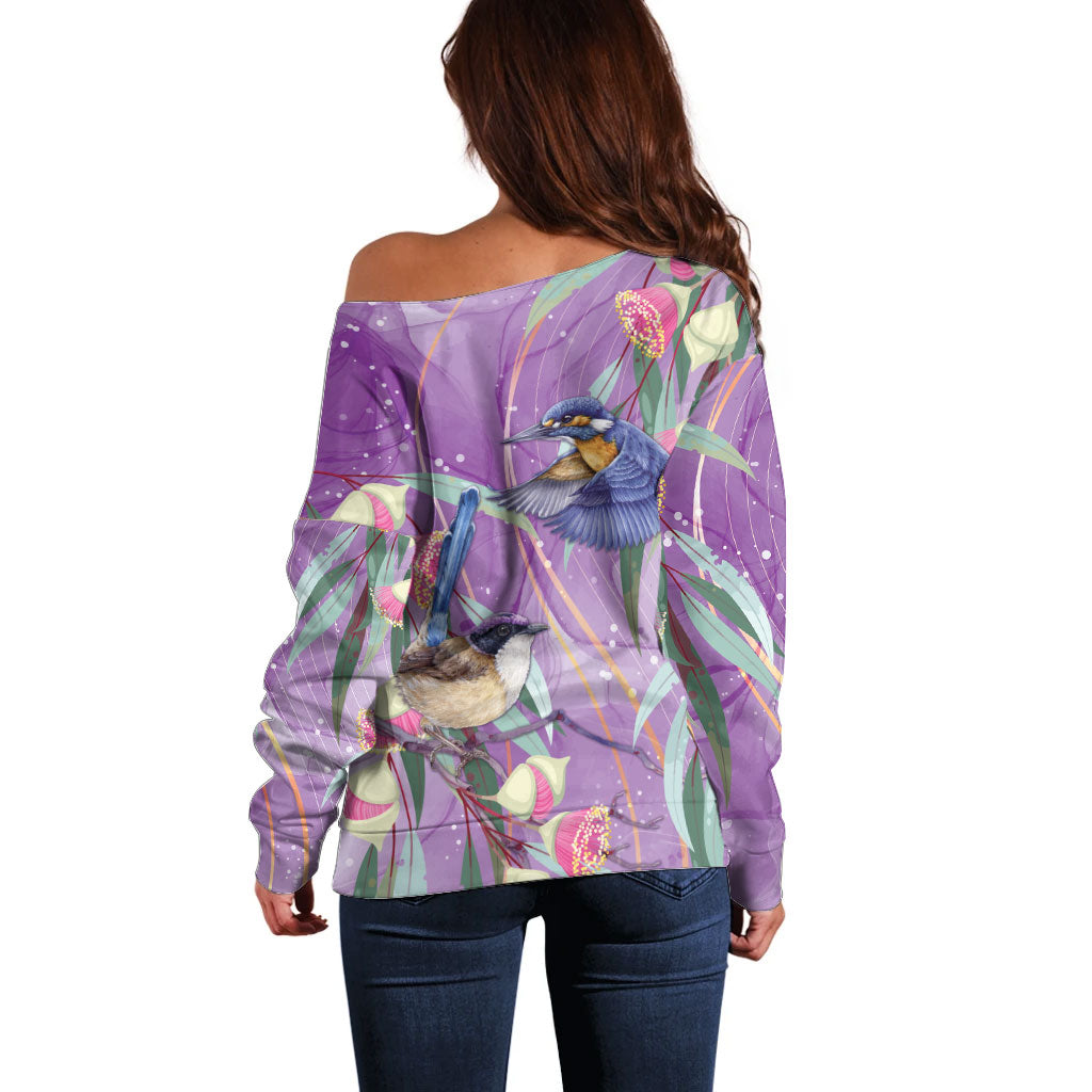 Australia Epilepsy Month Off Shoulder Sweater Purple Fairy Wren with Eucalyptus Flowers
